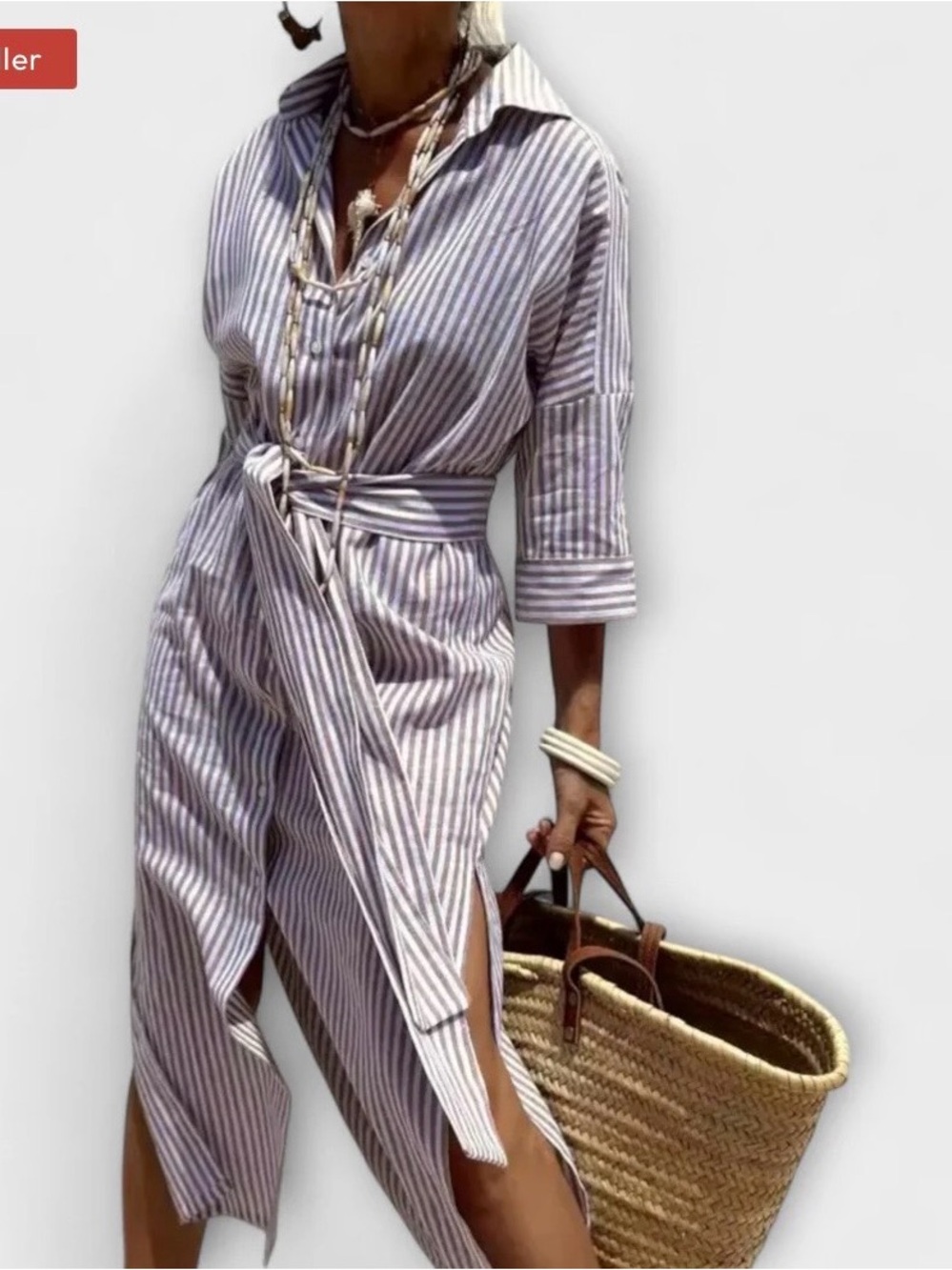 Striped Button-Up Shirtdress in White and Lilac